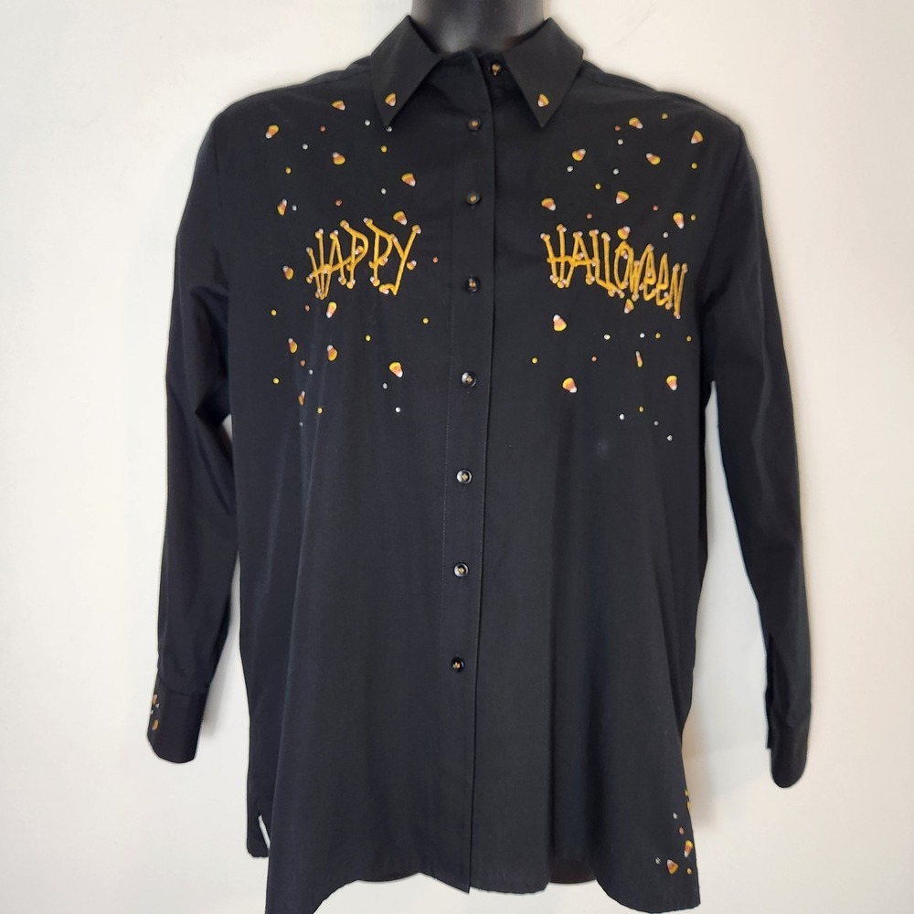 Vintage 90s Halloween Button Shirt L Candy Corn Embroidered Karen Scott Kitschy